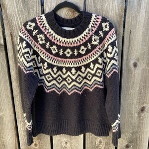 Women's Lucky Brand Black Geometric Sweater S Crew Wool PILLING Heavy GrannyCore